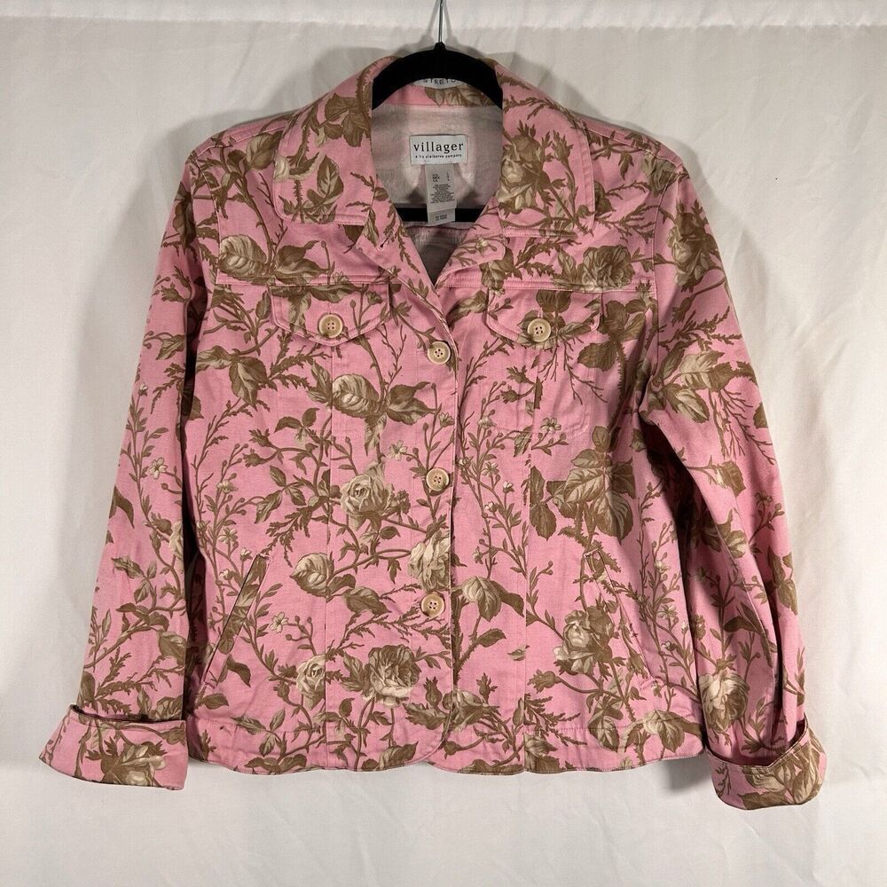 Villager Liz Claiborne Jacket Women's Large Pink Floral Button Up Stretch Cotton